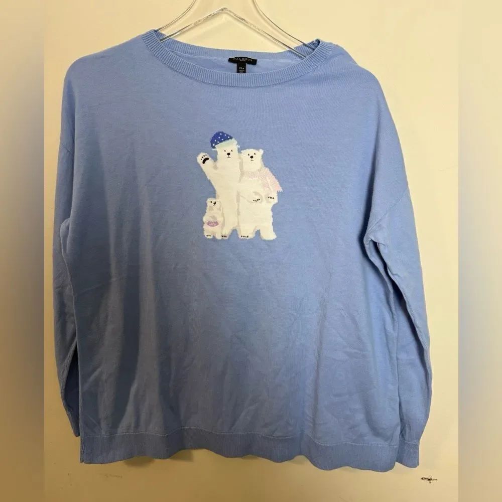 Talbots Periwinkle Blue Polar Bear Family Cotton Blend Sweater Top Size PXL